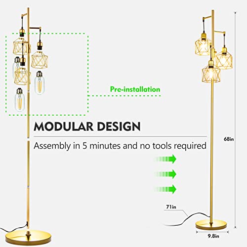 Gold Tree Standing Lamp w/ 3 Elegant Teardrop Cage Head - Bulb Included