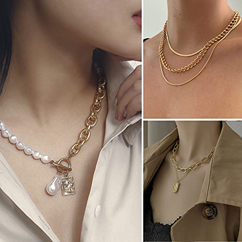 36 PCS Gold Plated Jewelry Set w/ 4 PCS Necklace, 11 PCS Bracelet, 7 PCS Ear Cuffs Earring, 14 Pcs Knuckle Rings for Women