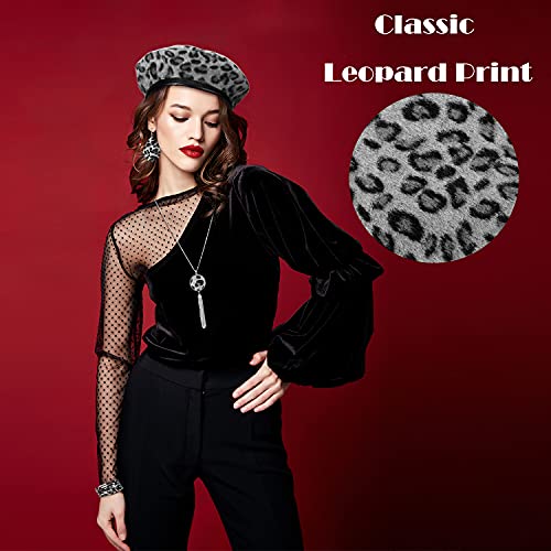 4 Pieces Women Leopard Jewelry Set French Beret Hat Leopard Leather Bracelet Earring Necklace