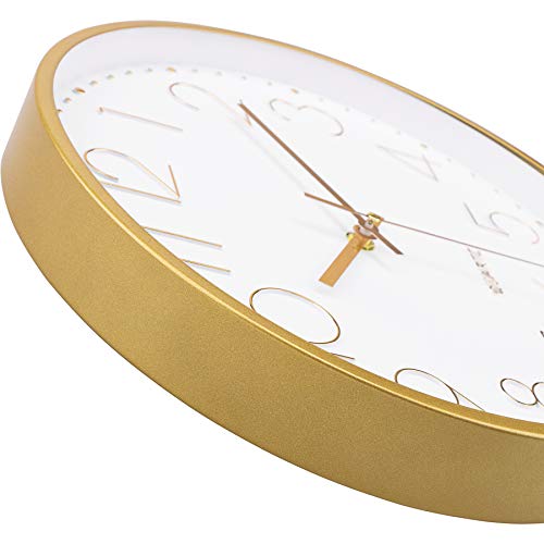 Gold Wall Clock 12 Inch Silent Non-Ticking Battery Operated Round