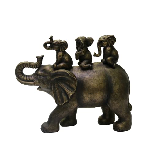 8" H 3 Baby Elephants Riding an Elephant Resin Statue Figurine Home Decoration