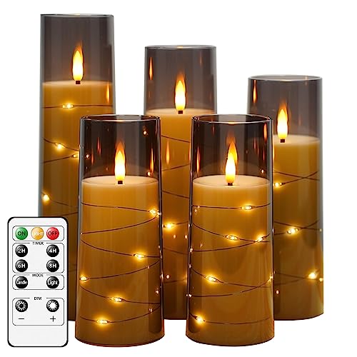 Flameless LED Timer 5 Pc Flickering Flameless Candles for Romantic Ambiance & Home Decoration Durable Acrylic Shell w/  Embedded Star String