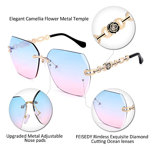 Classic Rimless Sunglasses for Women Metal Frame Diamond Cutting Lens