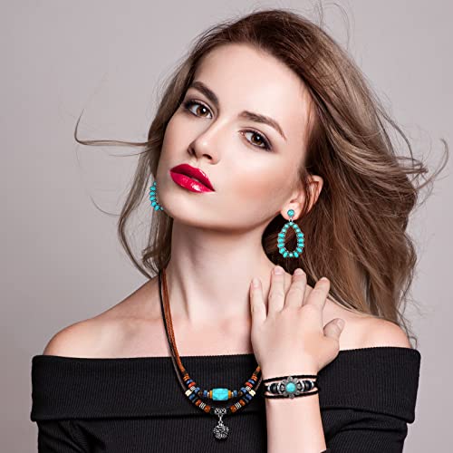 Women Bohemian Necklace, Braided Leather Wristbands Bracelets & Earring Set