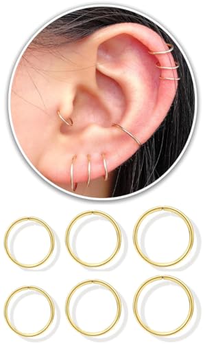 3 Pairs 14k Gold Plated Sterling Silver Small Hoop Earrings Set for Women Cartilage Nose Septum Helix Tragus Rings