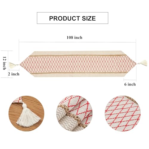 Table Runner, Boho Style with Tassels, Cotton & Linen, Farmhouse Home Decor for Living Room Dresser Scarfs