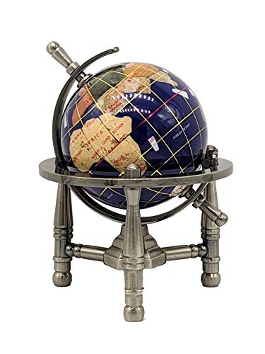 6" Blue Lapis Ocean Mini Table Top Gemstone World Globe w/ Silver Tripod