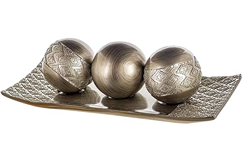 Decorative Tray and Orbs Balls Set - (Brushed Silver)