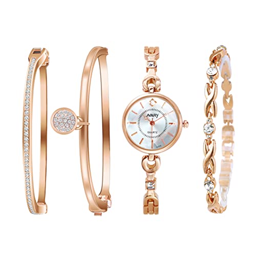 Elegant Rose Gold/Silver Watch & 3 Bracelets Set for Women