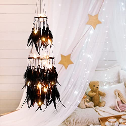 Double Circle Feather Dream Catcher w/ Mobile LED Fairy Lights Wall Ornaments