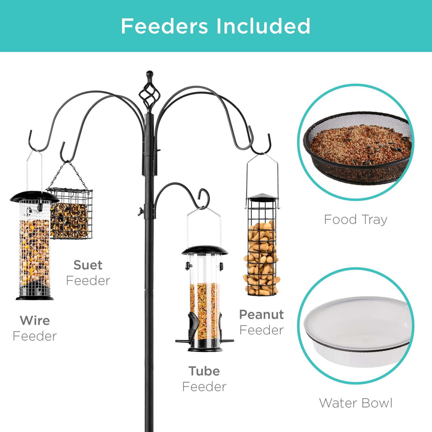 6-Hook Bird Feeding Station, Steel Multi-Feeder Stand w/ 4 Feeders, Tray, Bird Bath