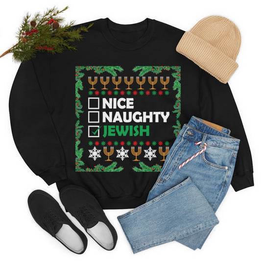 Nice, Naughty, Jewish Unisex Ugly Christmas Heavy Blend™ Crewneck Sweater Sweatshirt