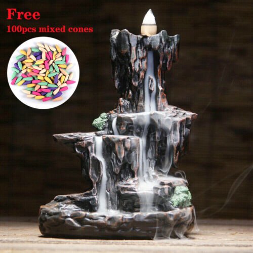 Resin Incense Waterfall Burner Backflow Smoke Censer Holder + Free Cones