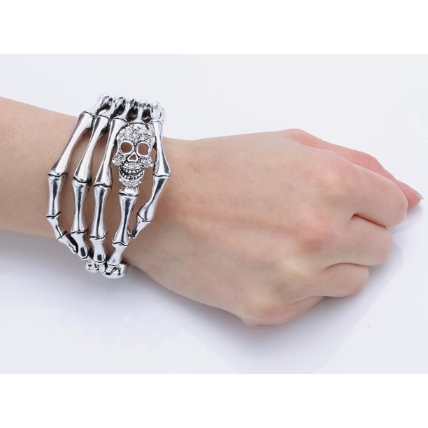 Skull Skeleton Hand Hinged Bangle Bracelet for Women Fit Wrist Circumference 6.5 to 7.5 inch - Silver