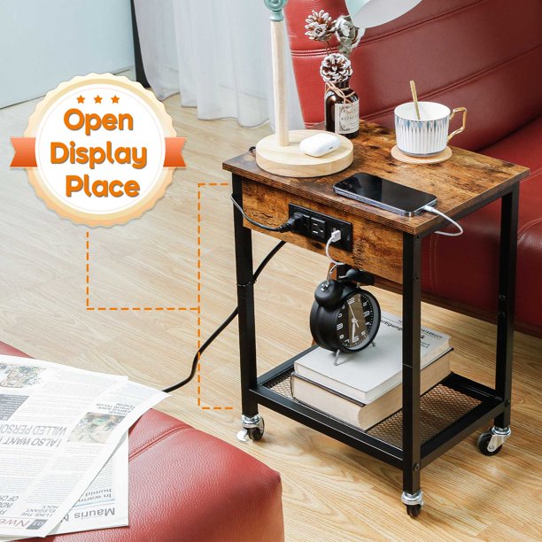 End Table w/ Charging Station & USB Ports w/ Wheels & Storage Shelf