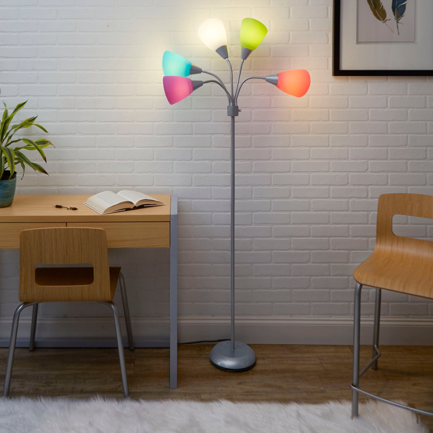 5 Light Floor Lamp, Silver Color w/ Multi Color Shades