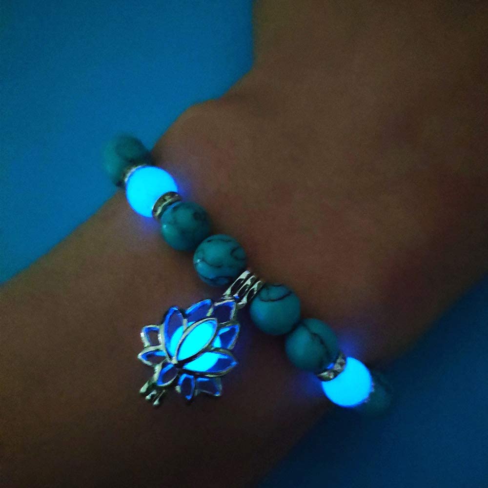 Luminous Glowing in The Dark Moon Lotus Flower Shaped Charm Bracelet, Red Turquoise