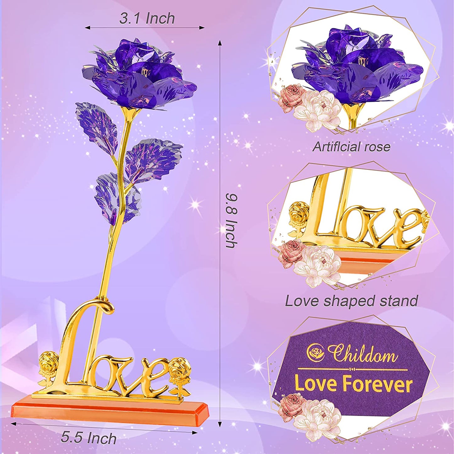 Valentines Day Roses Gifts, Purple Rose Flower Romantic Women Gift with Love Stand