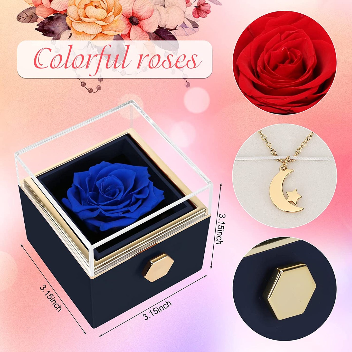 Valentines Day Rose Gifts for Women with Necklace, Preserved Blue Rose Gifts