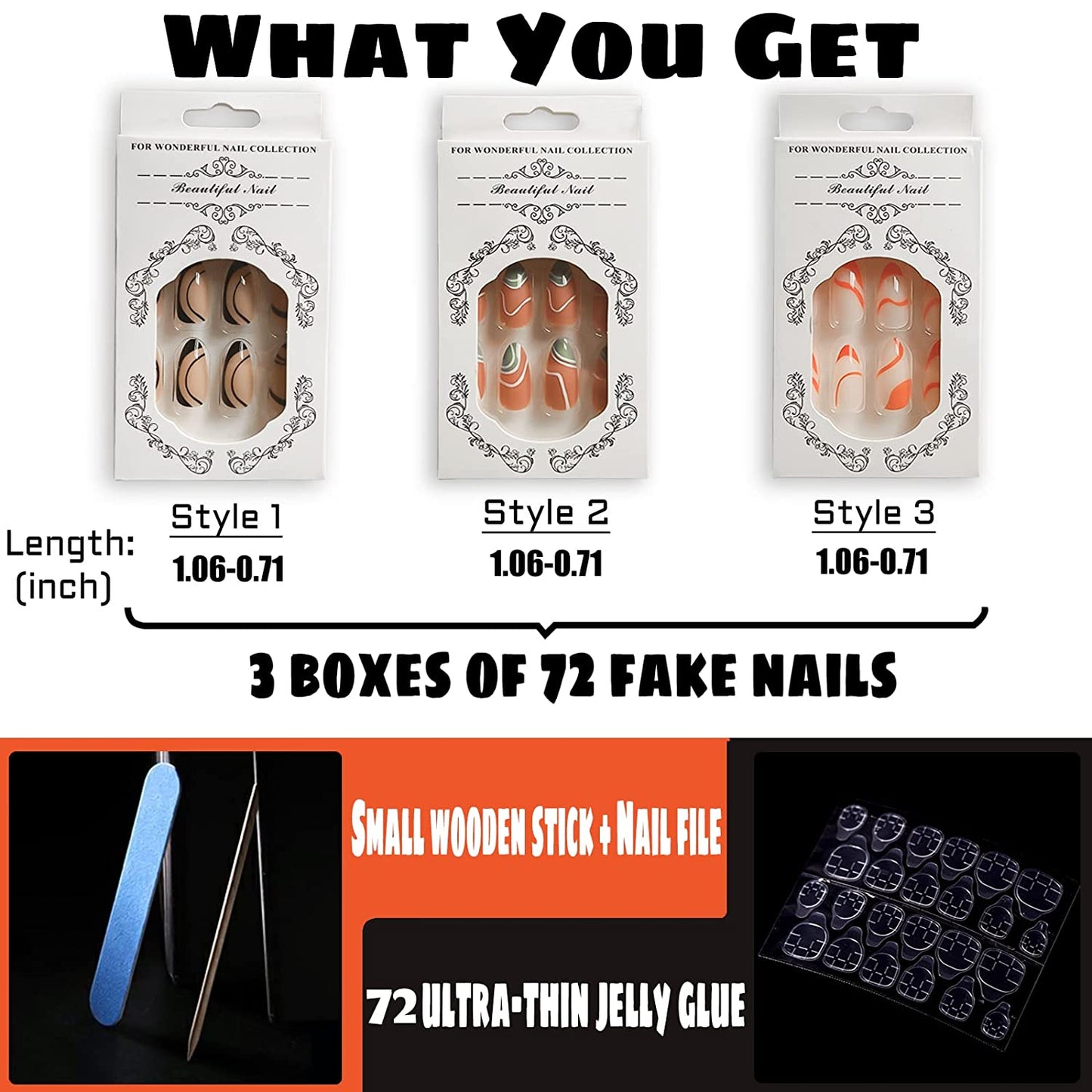 3Packs (72 Pcs) Press on Nails Short Full Cover Short Fake Nails Glossy (C Set)