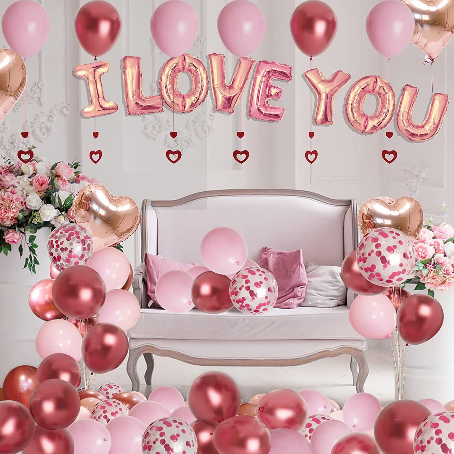 Valentines Day Balloons Kit with Rose Gold Pink Heart Balloons Rose Petals