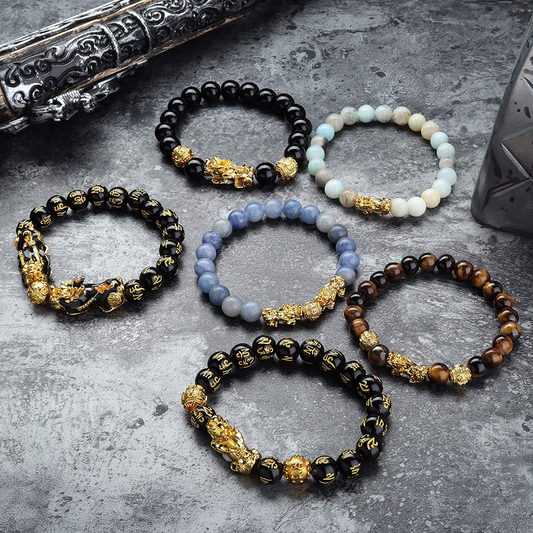 Set of 6 Feng Shui Pixiu Natural Stone Tiger Eye Bead Pi Yao Chinese Dragon Charm Good Luck Bracelets