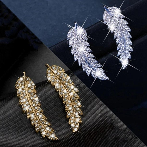 Gorgeous Feather Ear Climbers 925 Sterling Silver Wing Gold Crystal Leaves Cluster Cuff Earrings For Women