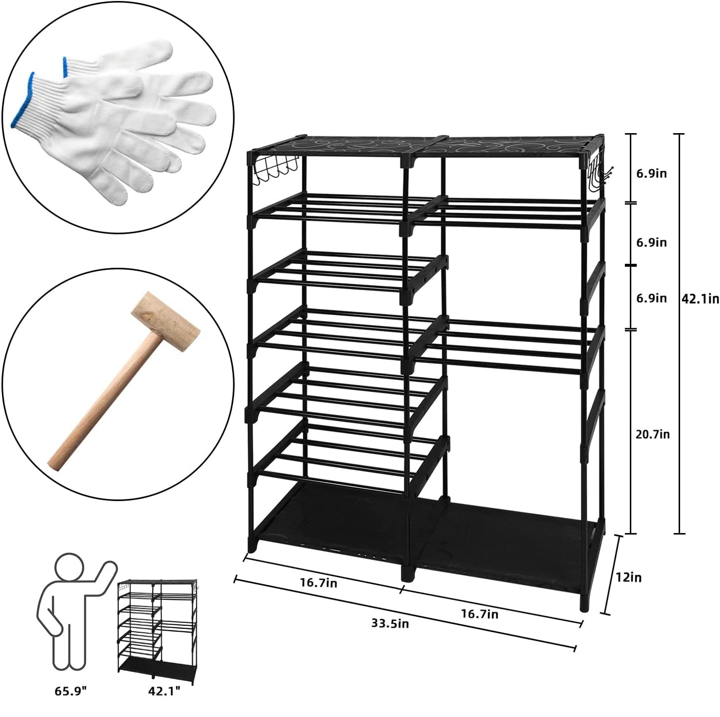 Large Metal Shoe Rack, 50-55 Pairs w/ Hooks-Black