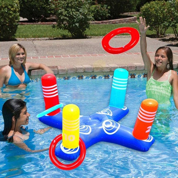 Inflatable Ring Toss Pool Game Toys w/ 4 Pcs Rings for Multiplayer