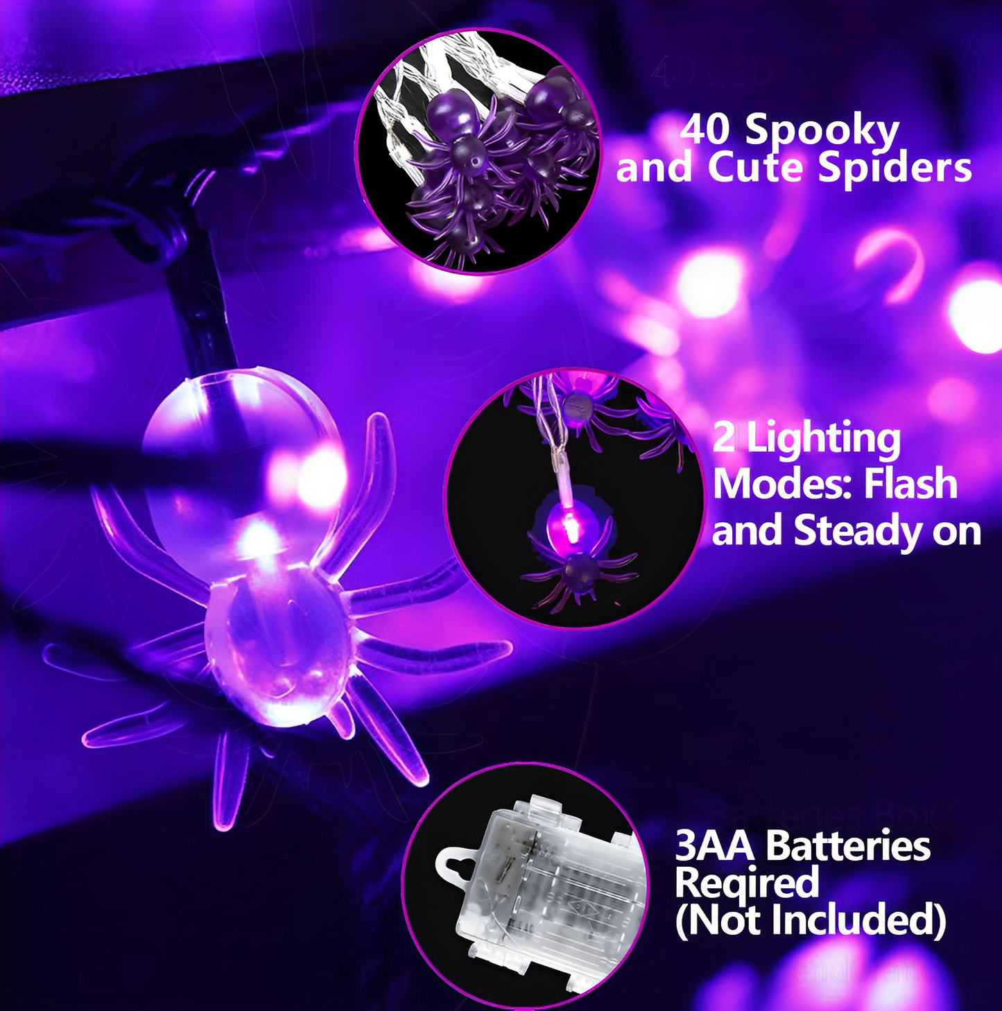 Halloween Spider String Lights, 20Ft 40 LED Battery Operated