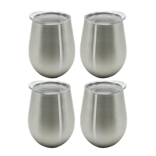 Double Wall Stainless Steel 10 oz (10 Fluid Ounces) Silver Wine Tumblers, 4 Pack
