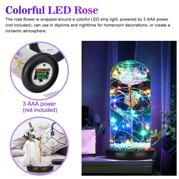 Colorful Galaxy Rose Flower Gift in Glass Dome, Artificial Flower Rose w/ LED Light String