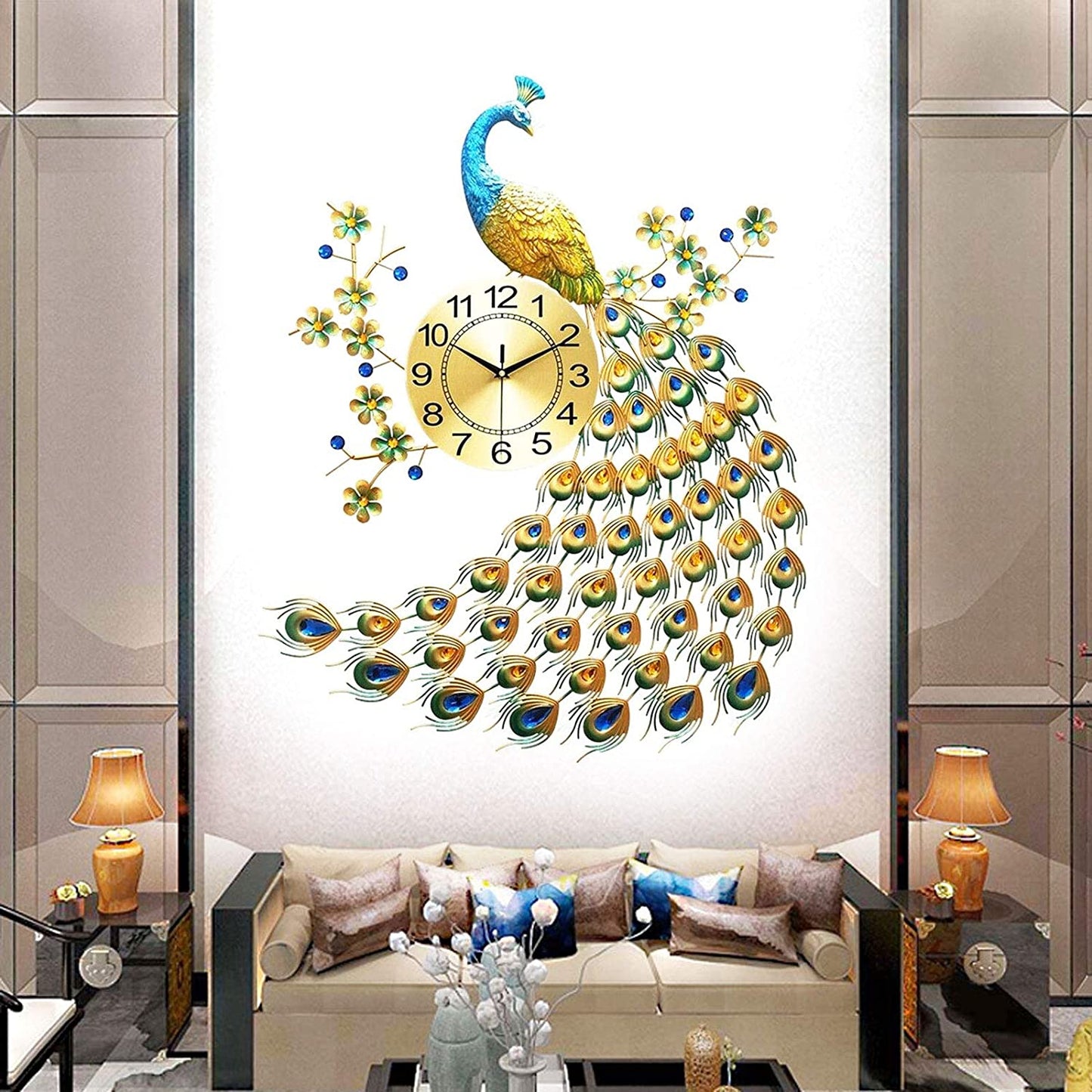 Pea-Cock Wall Clocks Luxury 3D Crystal Quartz Home Decoration