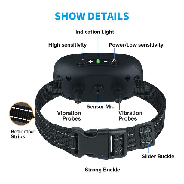 Dog Bark Collar Humane, Rechargeable Anti Barking Collar w/ 7 Adjustable Levels for Small Medium Large Dogs, Waterproof (Blue)