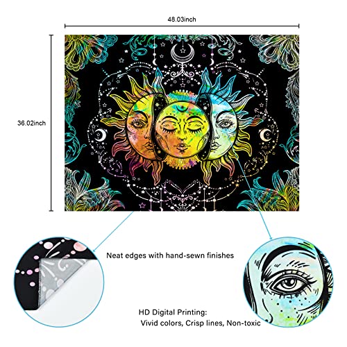 Psychedelic Sun and Moon Burning Sun Black Colorful Moon and Stars Tapestry ( 51.2 × 59.1 inches)