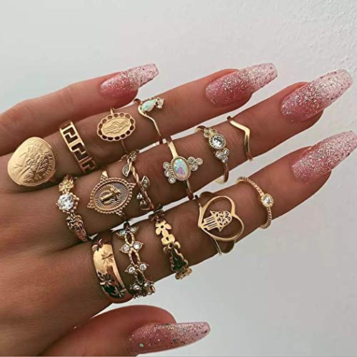 Vintage Ring Set Carved Knuckle Crystal Rings Set Gold Stackable Midi Rings Finger Jewelry for Women