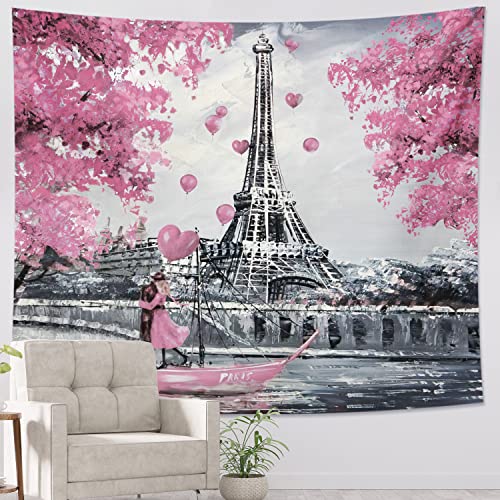 Eiffel Tower France Romantic Pink Tapestry European City Landscape 59x51 Inch