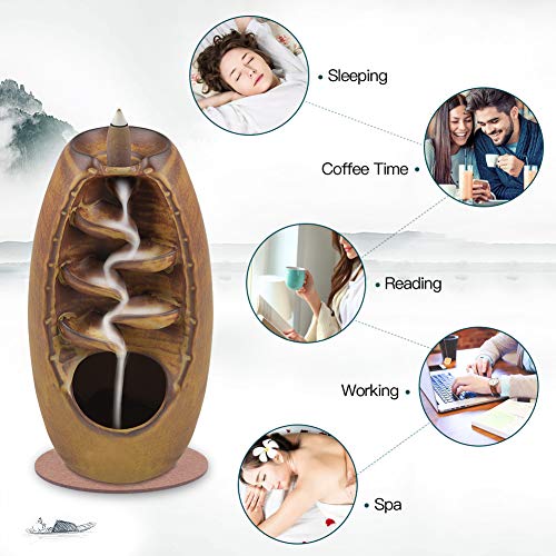 Ceramic Backflow Incense Holder Waterfall Incense Burner Bundle includes 120 Backflow Incense Cones + 30 Incense Sticks, Aromatherapy Home Decor