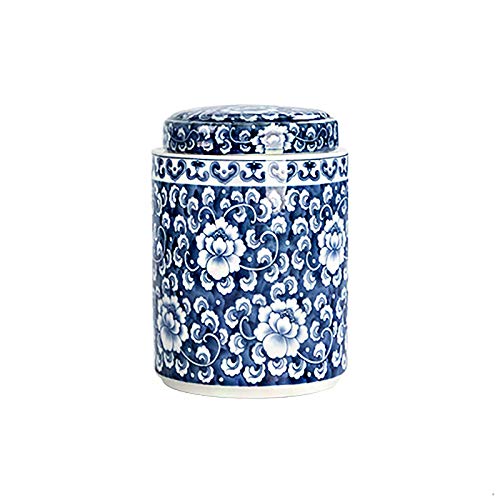 Antique Style Blue & White Porcelain Flowers Ceramic Covered Jar