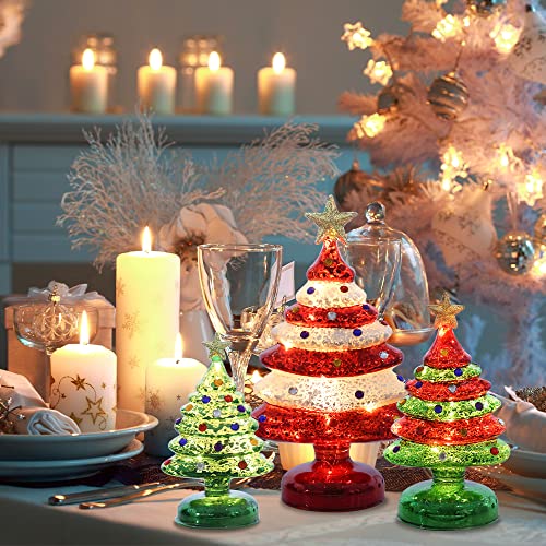 3 pcs Sparkling Mini Colorful Glass Christmas Tree w/ LED Lights & Timer