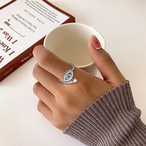 Silver Evil Eye Ring Dainty Open Adjustable Rings or Women Energy Protection Ring (silver-evil eye)