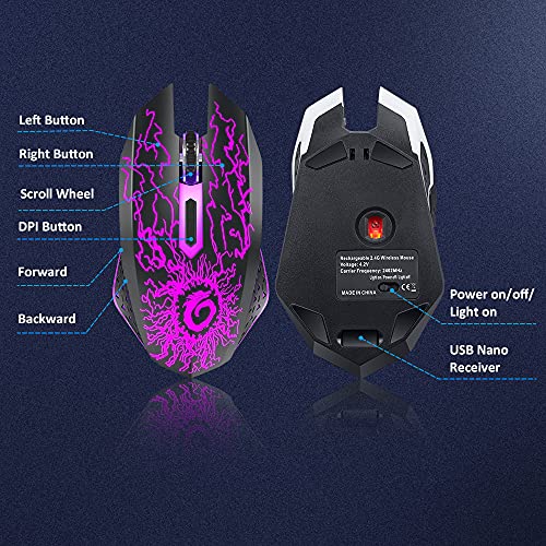 Wireless Gaming Mouse, Rechargeable w/ Colorful LED Lights, Silent Click, 2.4G USB Nano Receiver