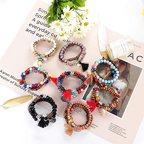 8 Pcs Bohemian Wood Beaded Bracelets Set for Women