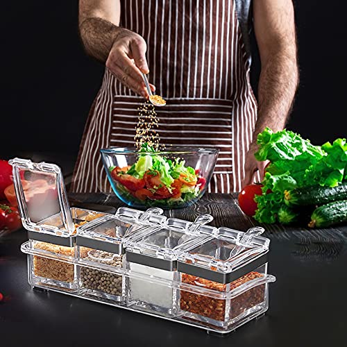 Set of 4 Acrylic Clear Box for Seasoning w/ Cover & Spoon