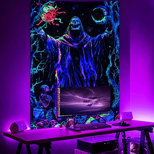 Blacklight Skull Tapestry UV Reactive Sun Moon Tapestries Gothic Wizard Skeleton Tapestry Colorful Witchy