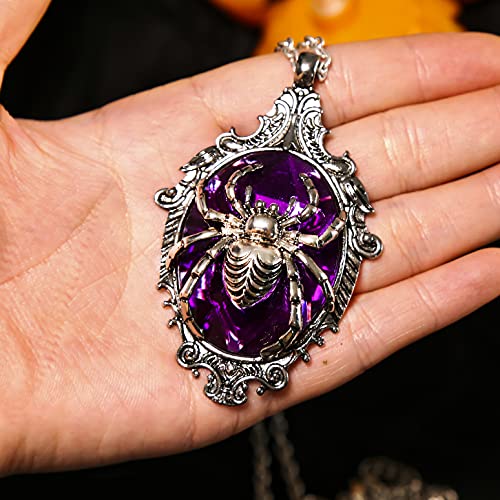 Halloween Costumes Jewelry For Women, Gothic Retro Purple Glass Stone Oval Pendant Necklace Scary Spider