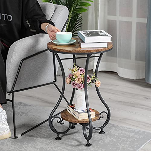 Round Side Table for Small Spaces, Rustic Brown & Black