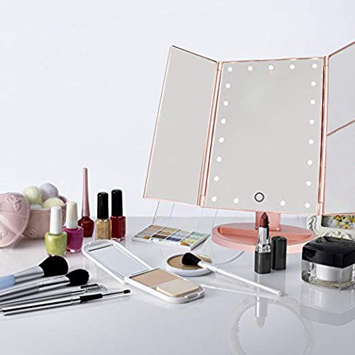 Tri-fold Lighted Vanity Makeup Mirror w/ 3x/2x Magnification, Touch Screen &180 Degree Free Rotation