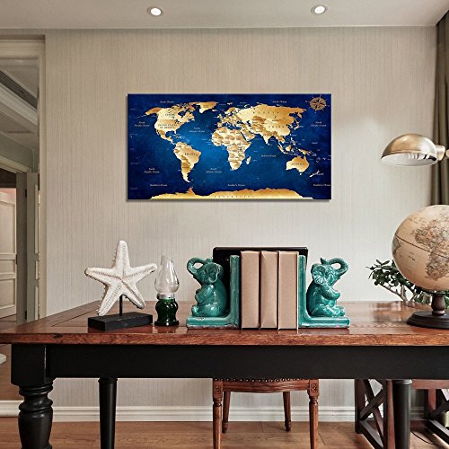 Wall Art Blue World Map Painting Ready to Hang -20" x 40"  Framed