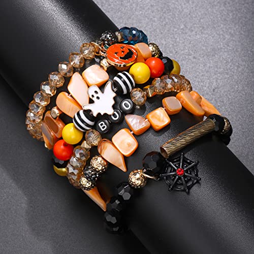 Halloween Beaded Bracelets Pumpkin Spider Ghost Charms Bracelets BOO Stretch Bracelets Holiday Set